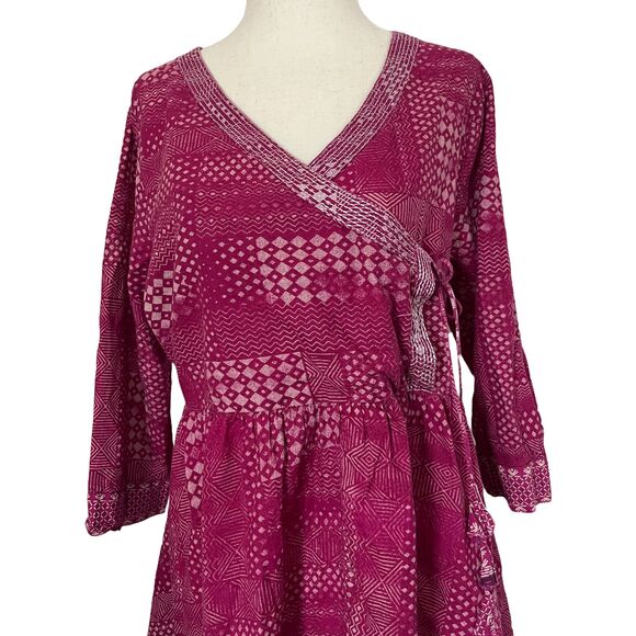 Burgundy Wrap Boho Folk Blockprint  Summer Dress 100% India Cotton M/L - Picture 2 of 12